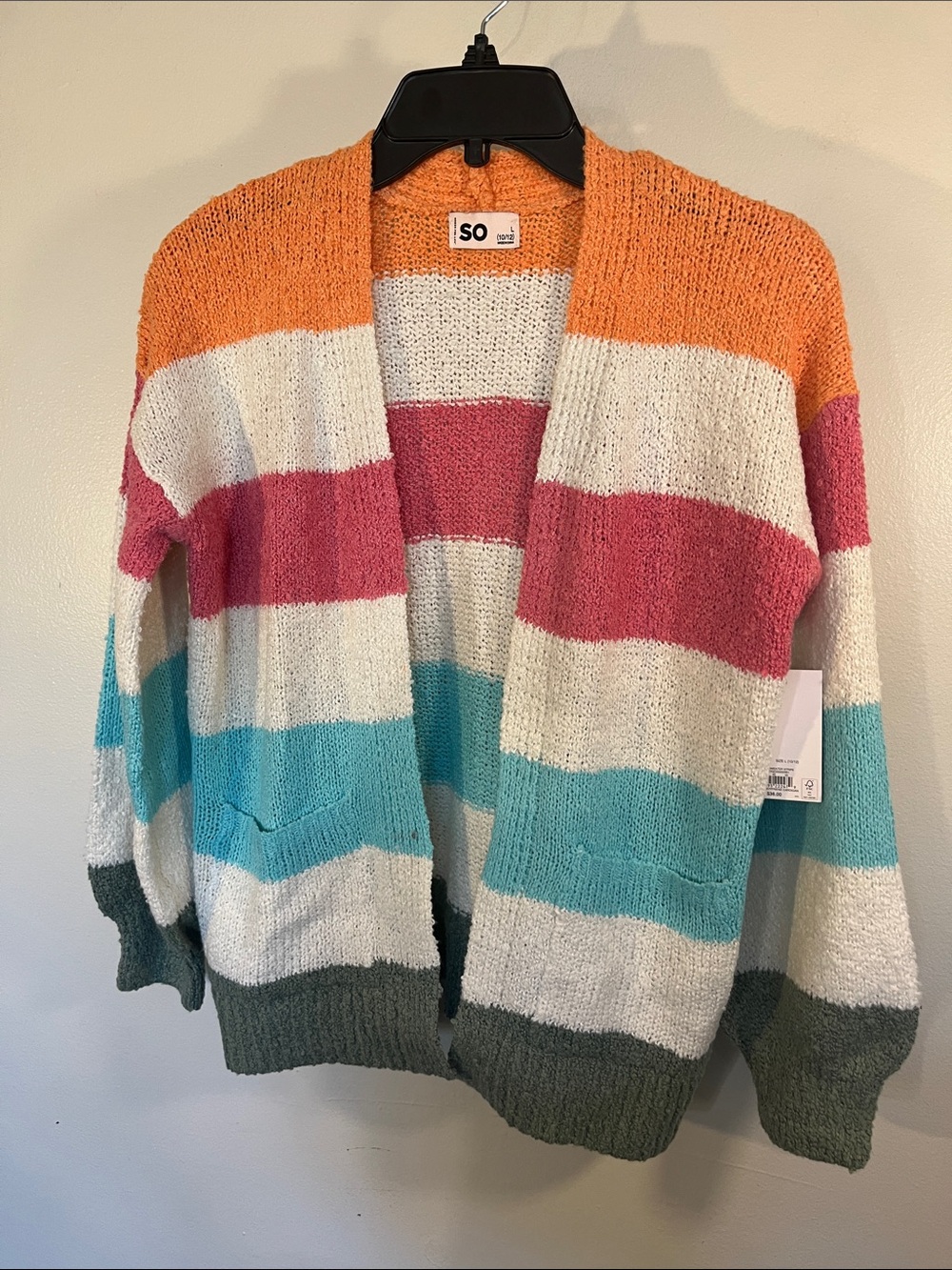 SO Colorblock Open-Front Striped Cardigan in Orange, Pink, Teal, Cream and Green